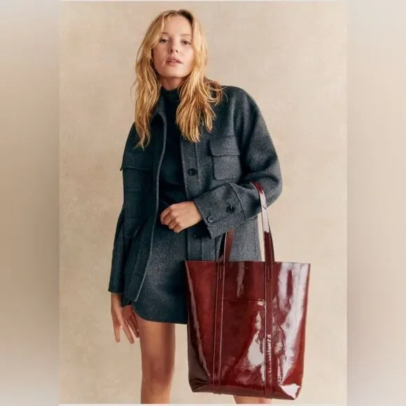 SEZANE Patent Leather Tote Bag In Mahogany - Picture 9 of 17